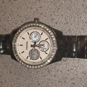 Fossil Brand Women's Black/Brown Animal Print Watch with Rhinestones Around Face